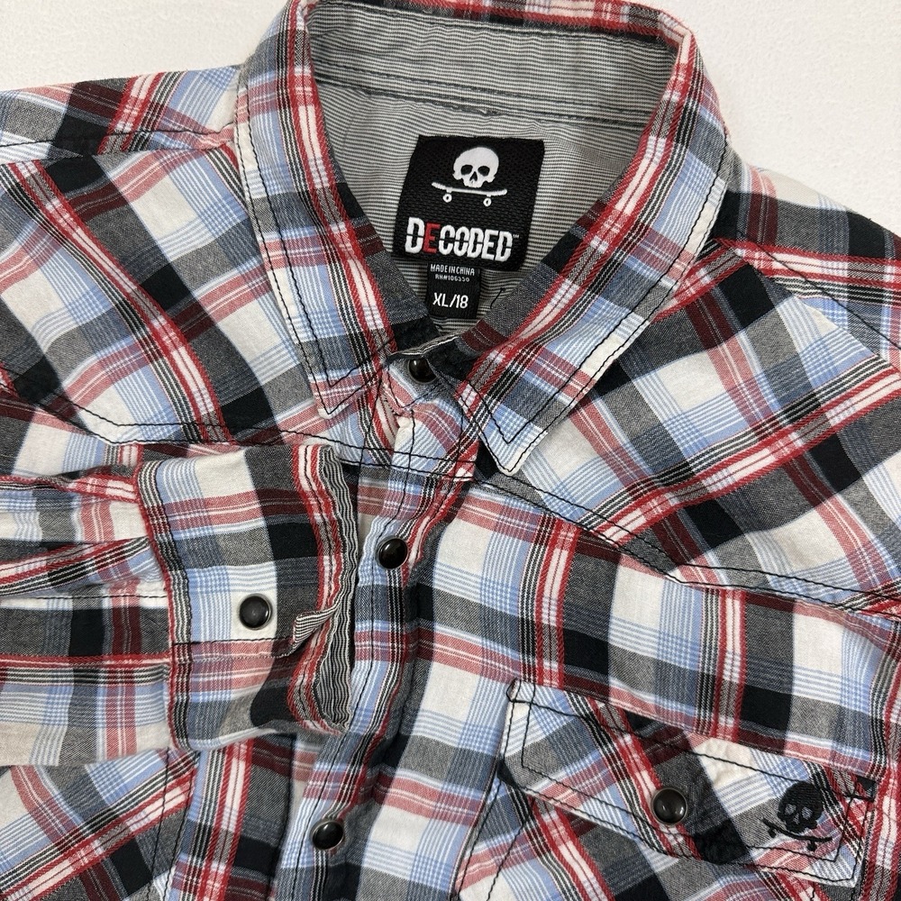 Decoded Boys XL 18 Plaid Western Shirt Skull Black Pearl Snap Buttons Cotton Y2K